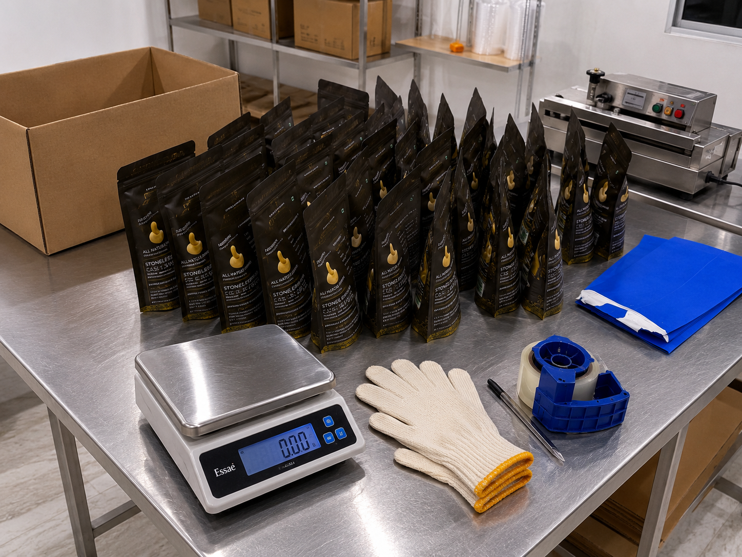 Packing facility — vacuum-sealed pouches ready for dispatch